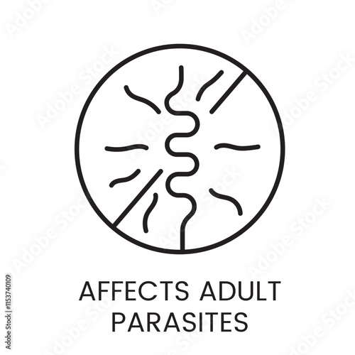 A vector linear icon of a circle with a stylized parasite divided by intersecting lines, representing the effect on adult parasites with an editable stroke