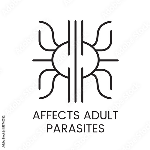 A vector linear icon of a circle with a stylized parasite divided by intersecting lines, representing the effect on adult parasites with an editable stroke