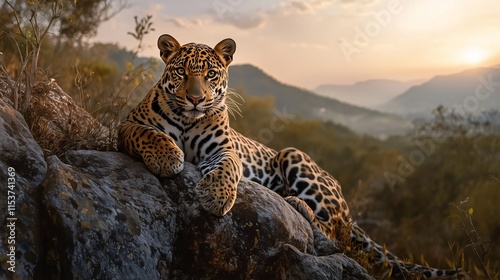 A leopard reclining on rocks at sunset, surrounded by scenic mountains and glowing warm light. photo