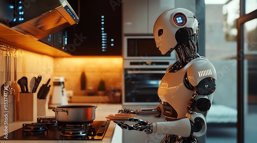 A hyperrealistic robot in a modern kitchen assisting a human by cooking and cleaning, the background lit with warm tones photo