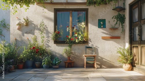 Charming Garden Patio Scene with Lush Plants Cozy Chair Natural Light Outdoor Space Tranquil Vibes for Relaxation