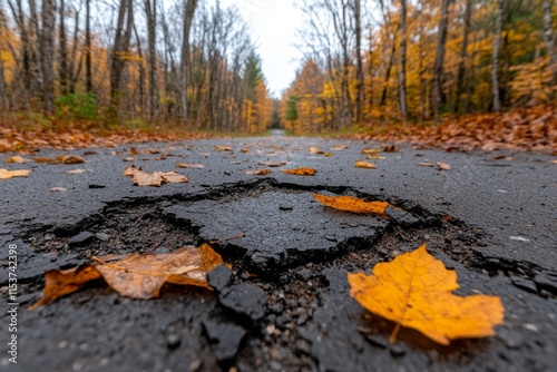 An old abandoned highway overrun with grass and vines, blending into a forest filled with golden autumn leaves photo