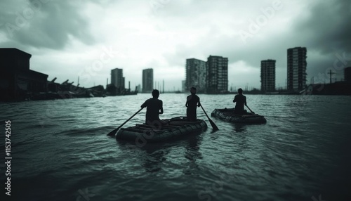 Survivors navigating floodwaters