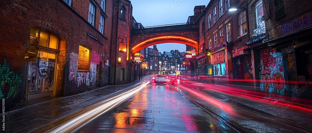 Obraz premium Night street scene with archway, traffic light trails, and graffiti.