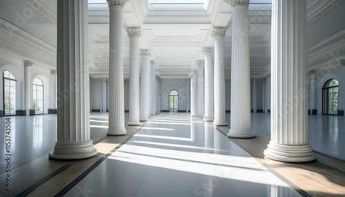 Modern gallery interior with white columns, shadow play on the floor. Generated image photo