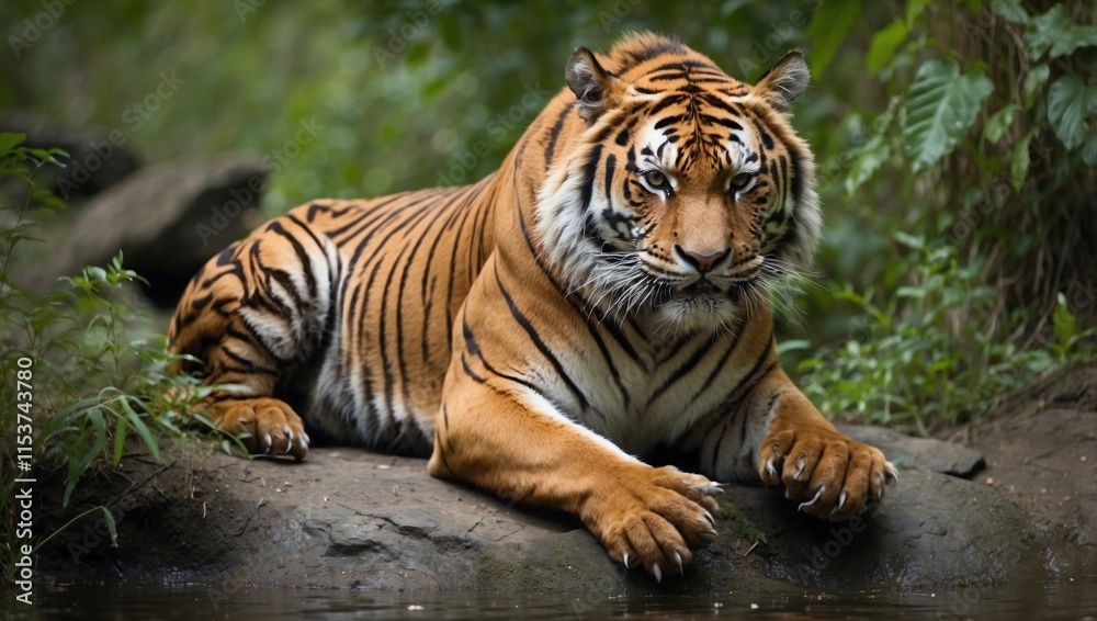 Graceful Tiger Navigates Through Dense Jungle Graceful Tiger Navigates Through Dense Jungle