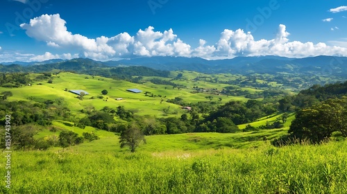 A solar farm in a lush green valley, blending clean energy innovation with natural beauty under a vivid blue sky