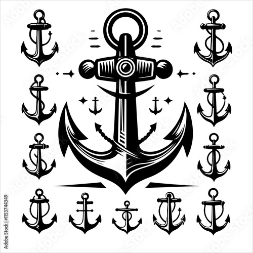 Anchors icon silhouette vector. Anchor vector art silhouette illustration.