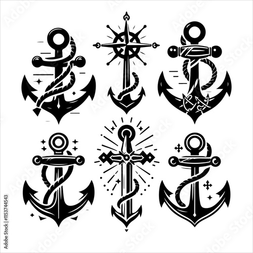 Anchors icon silhouette vector. Anchor vector art silhouette illustration.