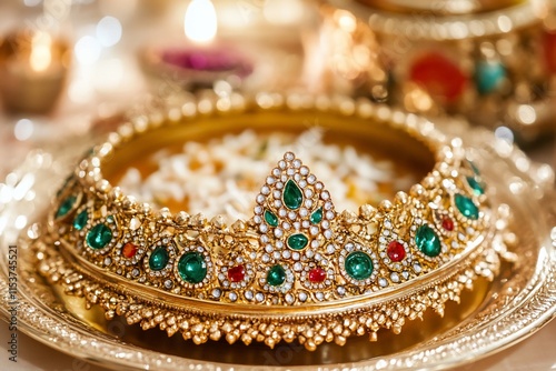 Ornate gold tray with jeweled crown, sweets. photo