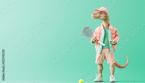 Whimsical Dinosaur Playing Tennis in Sporty Outfit on Bright Green Background photo