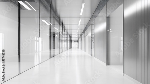 A modern, minimalist corridor with glass walls and bright lighting.