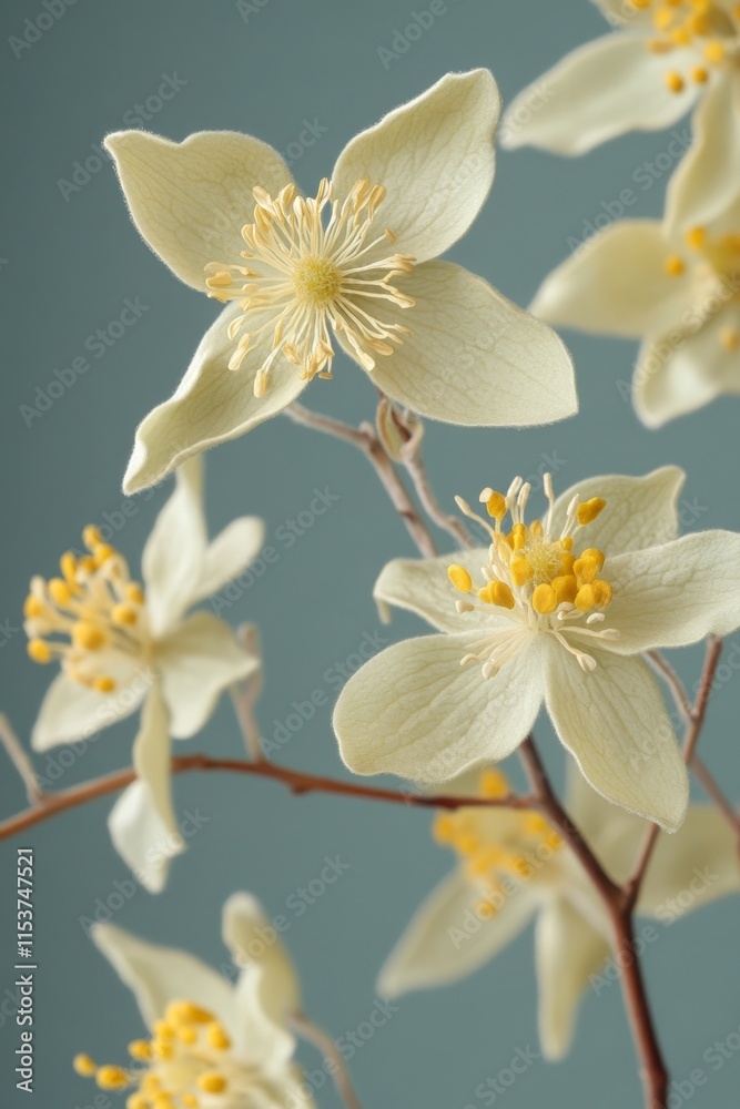 Fototapeta premium Delicate Ivory Flowers on a Soft Blue Background, Floral Art Print, Botanical Photography