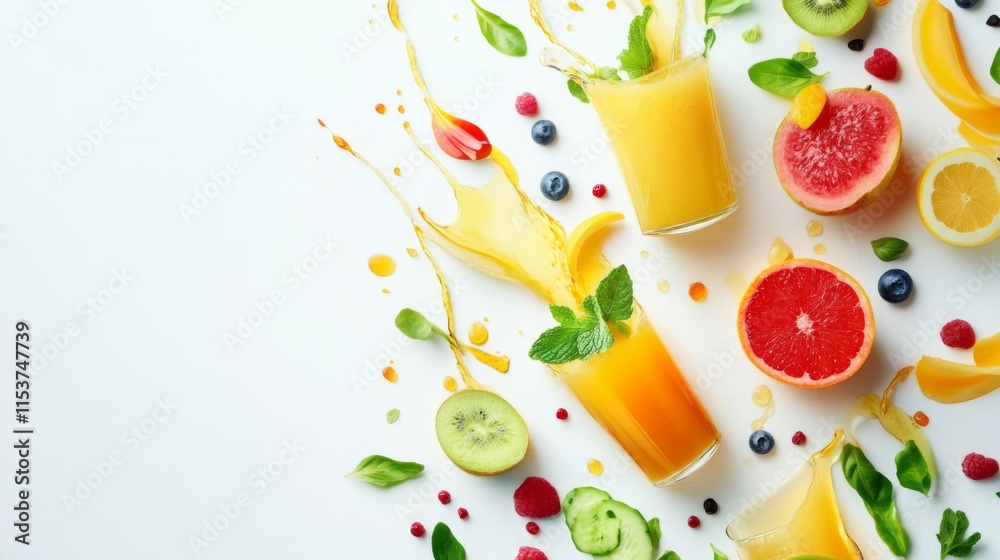 Vibrant Juices with Artistic Presentation on White Background Vibrant Juices with Artistic Presentation on White Background