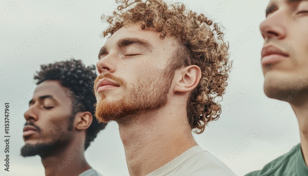 Group of Diverse Young Men Practicing Mindfulness and Meditation with Eyes Closed in Natural Outdoor Setting Group of Diverse Young Men Practicing Mindfulness and Meditation with Eyes Closed in Natural Outdoor Setting