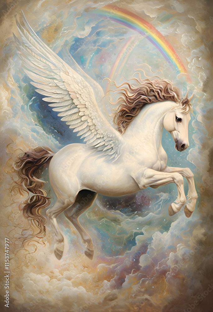 cutest beautiful white Pegasus flying around clouds heavens with rainbow. Digital artwork. Ai generated