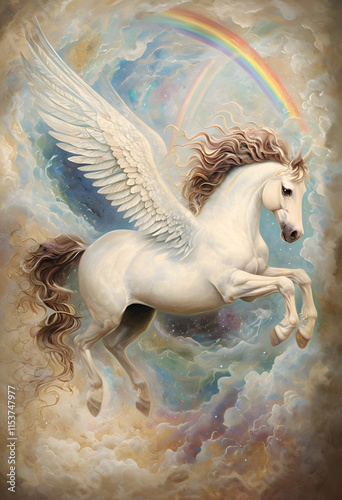 Obraz na płótnie cutest beautiful white Pegasus flying around clouds heavens with rainbow. Digital artwork. Ai generated w salonie
