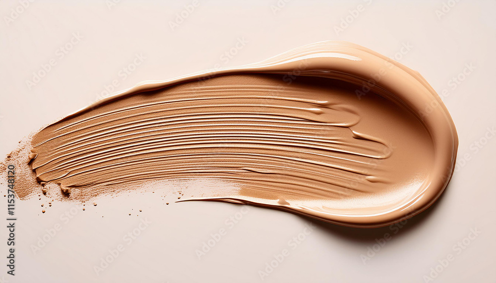 Fototapeta premium Beige foundation smudge on light background. Make-up smear. Beauty and cosmetics concept.