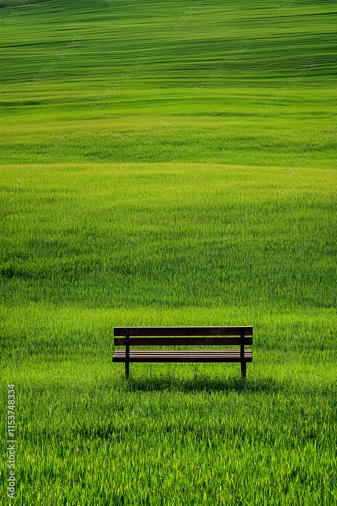 Tranquil Solitude: Wooden Bench Amidst Verdant Sea of Lush Greenery Tranquil Solitude: Wooden Bench Amidst Verdant Sea of Lush Greenery