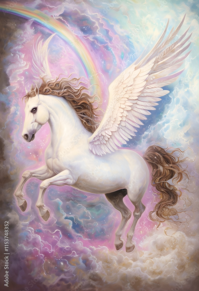 cutest beautiful white Pegasus flying around pink clouds heavens with rainbow. Digital artwork. Ai generated