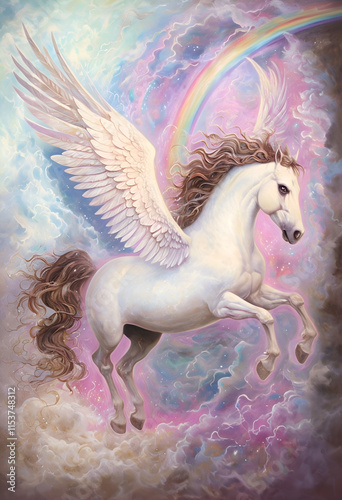 cutest  beautiful white Pegasus  flying around pink clouds heavens  with rainbow.   Digital artwork. Ai generated