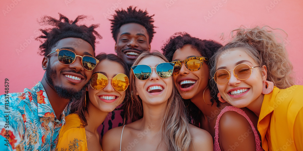 Fototapeta premium Joyful group of friends celebrating together urban setting candid photography bright atmosphere upbeat perspective friendship and happiness