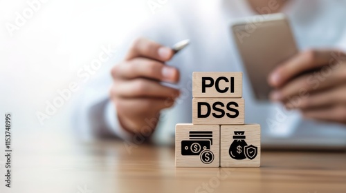 A wooden blocks on a white background display PCI DSS text and icons, signifying payment gateway security, data encryption, and fraud detection