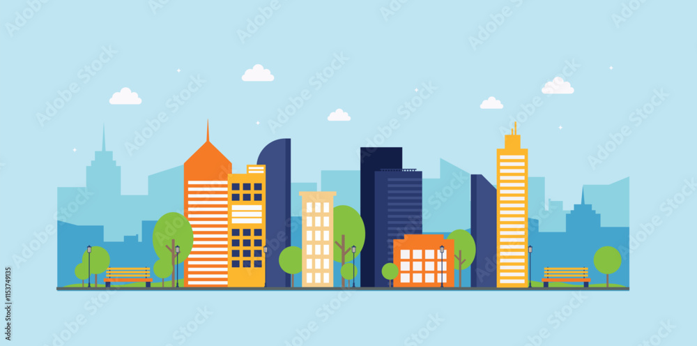Cute houses and city buildings in flat design style. Cozy town panorama featuring home exteriors, architecture, and urban streets. Flat vector illustration on a neutral background. Cute houses and city buildings in flat design style. Cozy town panorama featuring home exteriors, architecture, and urban streets. Flat vector illustration on a neutral background.