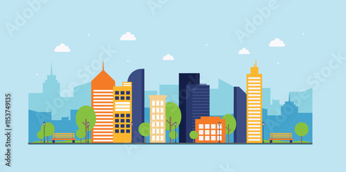 Cute houses and city buildings in flat design style. Cozy town panorama featuring home exteriors, architecture, and urban streets. Flat vector illustration on a neutral background.