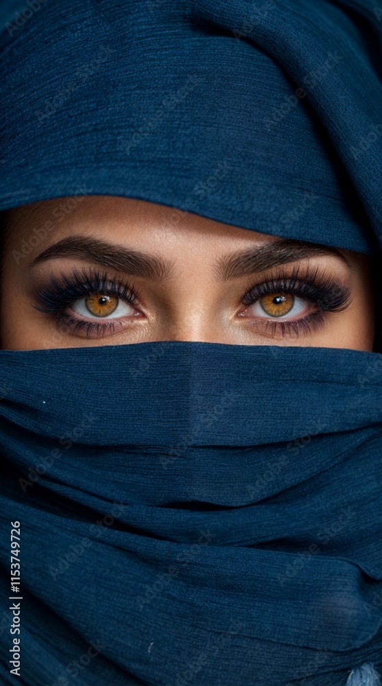 The image shows a close-up of an Arab woman's eyes The eyes are beautifully framed by deep blue cloth The image shows a close-up of an Arab woman's eyes The eyes are beautifully framed by deep blue cloth