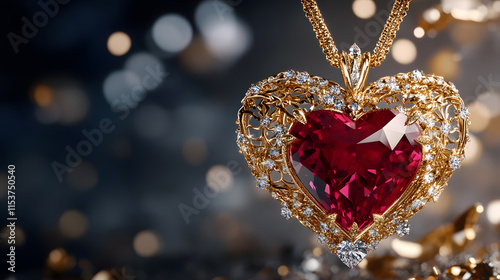 stunning heart shaped ruby pendant adorned with intricate gold detailing and sparkling diamonds, perfect for special occasions