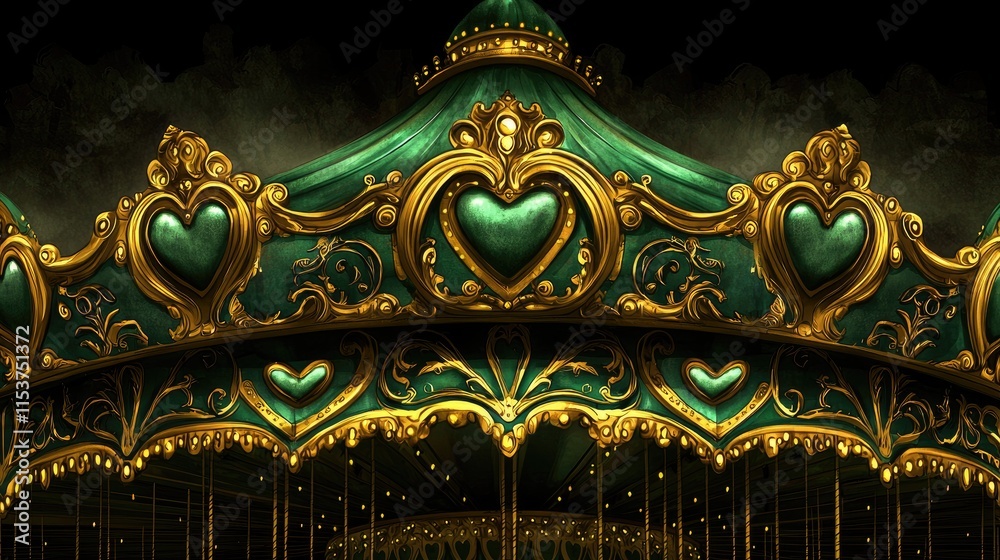 Fototapeta premium A beautifully ornate carousel canopy adorned with heart motifs, featuring intricate gold detailing against a dark background.