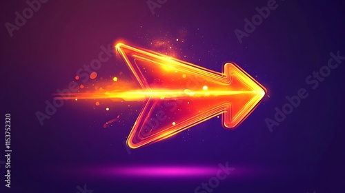 A dynamic, glowing arrow icon with fiery orange and yellow gradients on a neon purple background photo