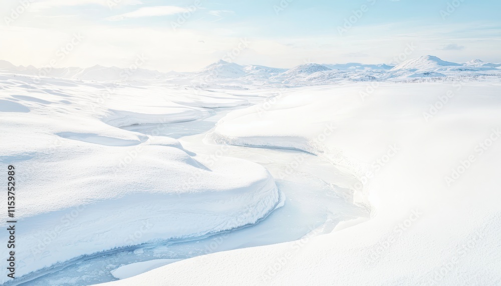 Serene Winter Landscape with Snow-Covered Terrain and Calm Water Flowing Through Icy Wilderness Serene Winter Landscape with Snow-Covered Terrain and Calm Water Flowing Through Icy Wilderness