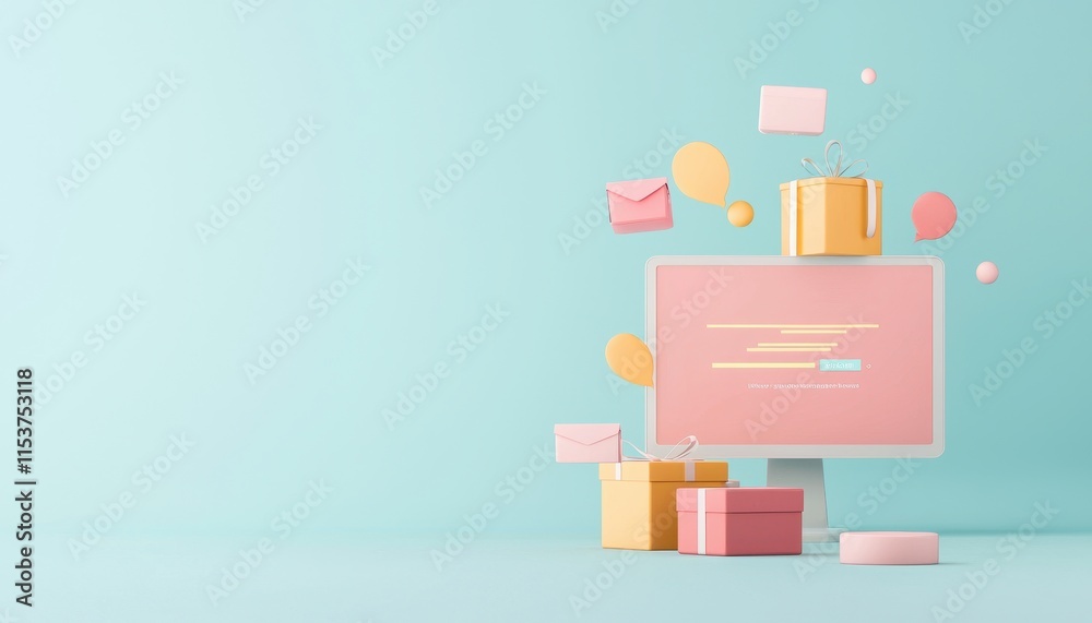 Obraz premium Creative Online Shopping Illustration with Cartoon Gifts, Decorations, and Computer on a Light Blue Background