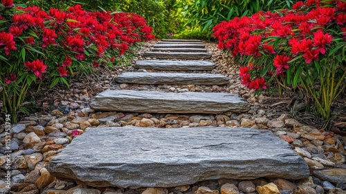 Wallpaper Mural Stone steps leading up through a garden path lined with vibrant red flowers. Torontodigital.ca