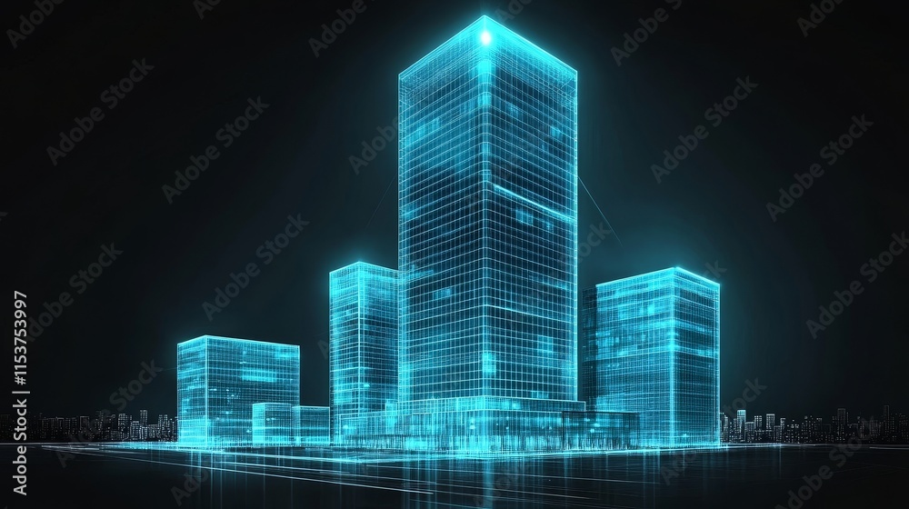Obraz premium Modern neon cityscape at night with glowing urban skyscrapers in futuristic cartoon style. Vibrant blue architectural background for metropolis and city development concepts