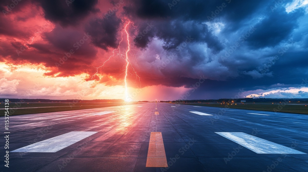 Obraz premium Dramatic Thunderstorm Over Runway With Lightning