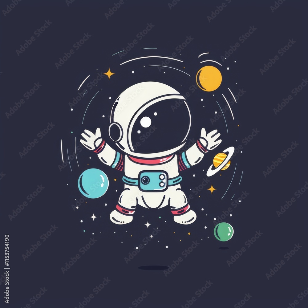 Fototapeta premium Smiling Cartoon Robot Astronaut Floating in Space with Planets and Stars