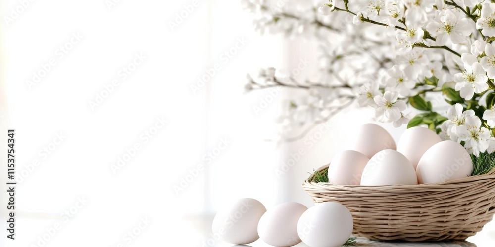 A lovely wicker basket filled with snowy white eggs is beautifully placed among a vibrant array of blooming flowers, symbolizing the joy, beauty, and spirit of Easter in this tranquil spring scene A lovely wicker basket filled with snowy white eggs is beautifully placed among a vibrant array of blooming flowers, symbolizing the joy, beauty, and spirit of Easter in this tranquil spring scene