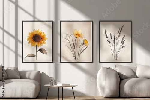 Minimalist posters in a vertical format showcasing abstract smoky line art flowers, with a sunflower, daffodil, and lavender on soft gradient backdrops.  photo