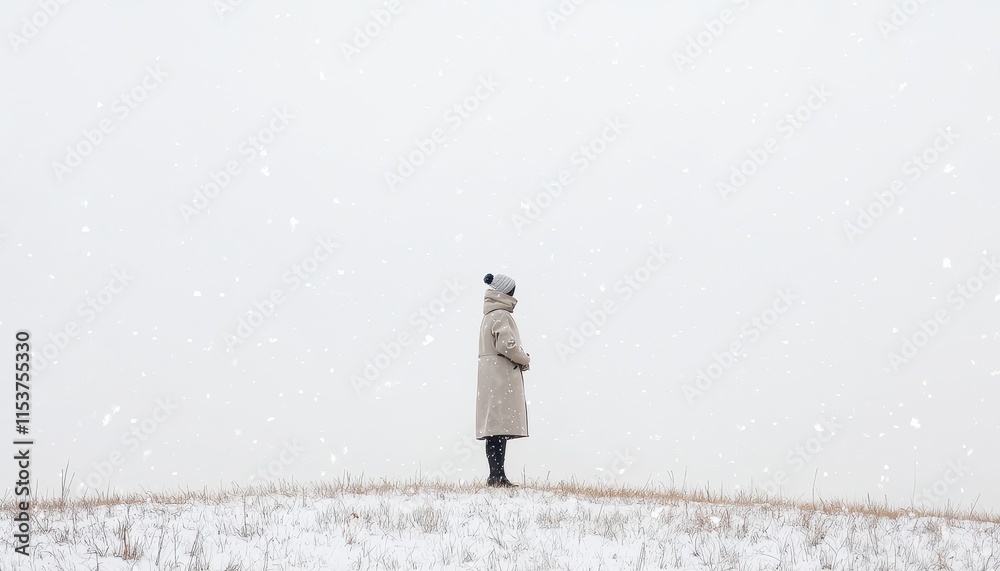 Fototapeta premium Solitary Figure in a Snowy Landscape with Gentle Falling Snowflakes Under a Soft Gray Sky