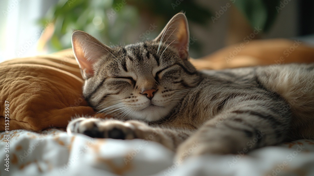 Sleepy tabby cat resting on a bed with a soft, mustard-colored pillow. Sleepy tabby cat resting on a bed with a soft, mustard-colored pillow.