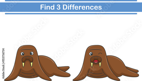 Education game for children find three differences between two walrus animal cartoon. Vector illustration