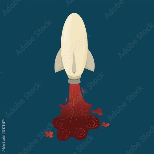 Illustration of a simple retro-style rocket taking off, emitting artistic red swirls resembling flames against a dark blue background.