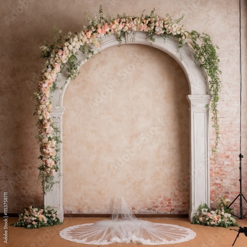 Maternity backdrop, wedding backdrop, photography background with arch of delicate flowers and vintage wall.