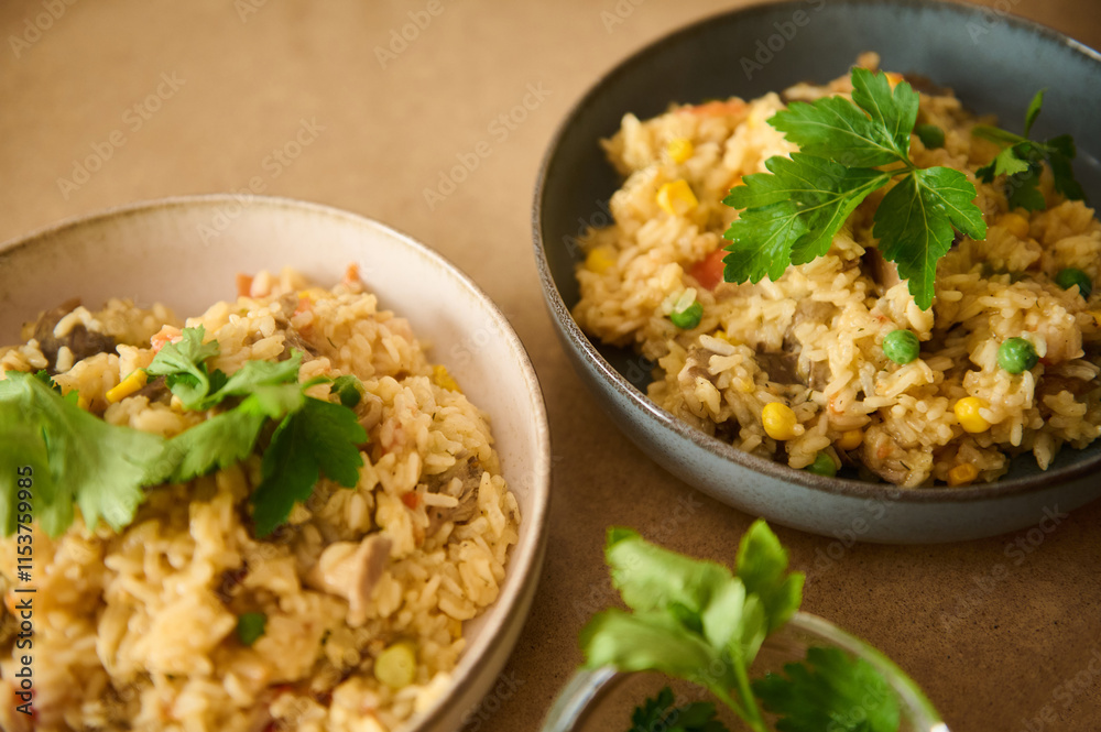 Delicious homemade vegetable rice dish with herbs served in ceramic bowls Delicious homemade vegetable rice dish with herbs served in ceramic bowls