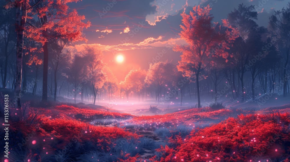 Fototapeta premium A forest with a red sky and a sun in the background