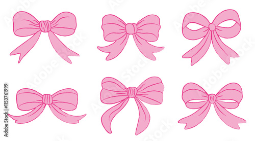Set of hand drawn pink bows and hearts. Gift ribbons in hand drawn and flat styles. Fashionable vector illustration. Hair accessory. Bows for gift wrapping