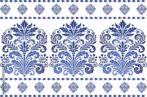 blue seamless floral pattern with traditional tulip motifs ornamental leaves vintage border design for fabric and textile background